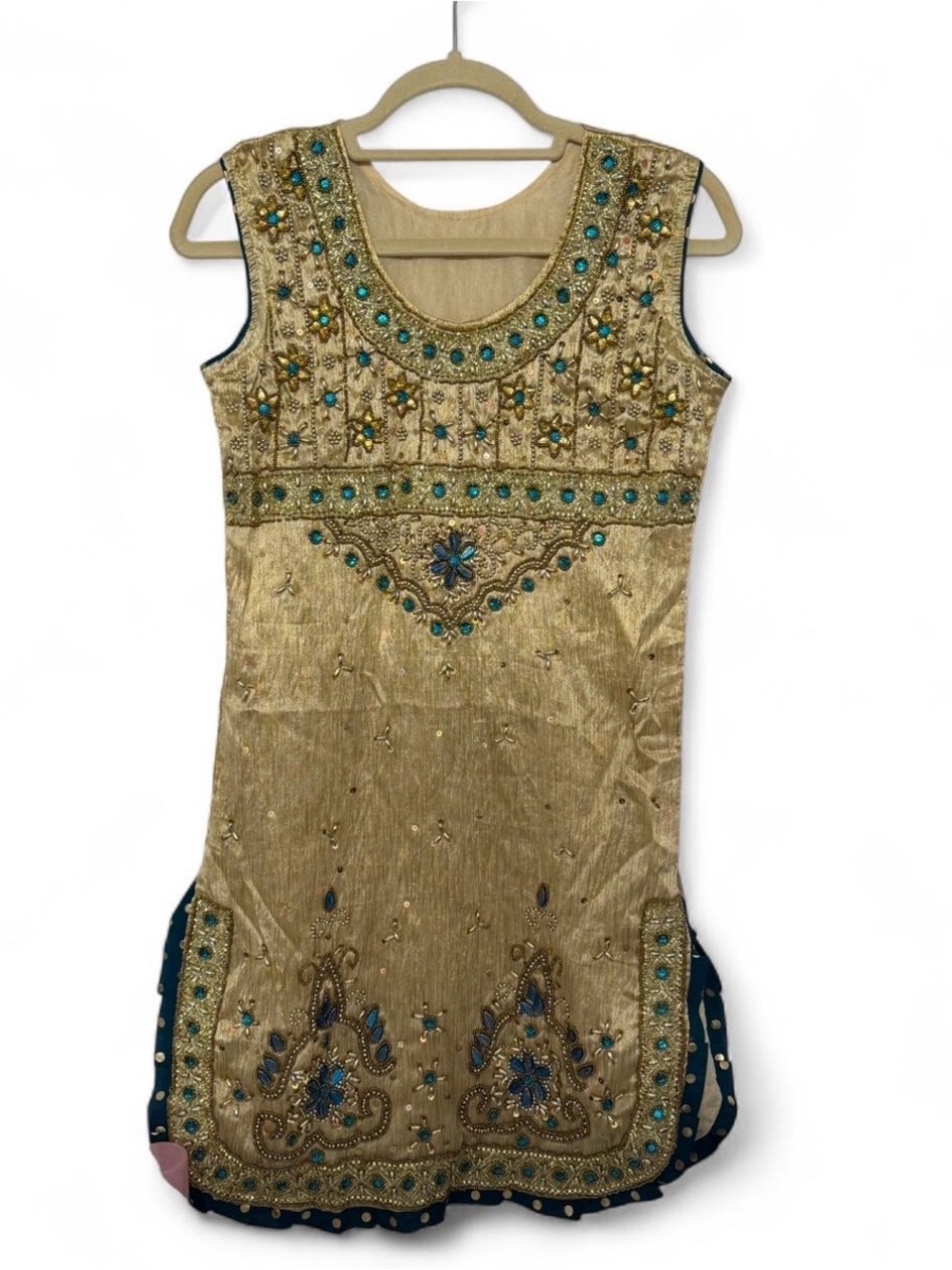 3 PIECE: Gold Embellished Sleeveless Women’s Salwar Kameez Set with Teal Accents